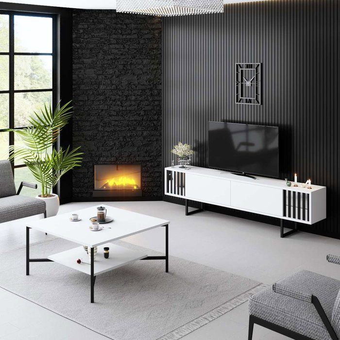 Hanah Home Soporte TV Blanco y Negro 180cm Melamina y Metal 180x30x48cm